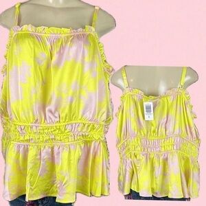 Plus 4 Yellow-Pink Floral Satin Ruffle Elastic Waist Detail Camisole Top